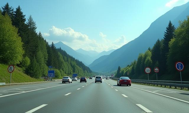 Österreichische Autobahn mit Verkehrsschildern, Rastplatz und Autos