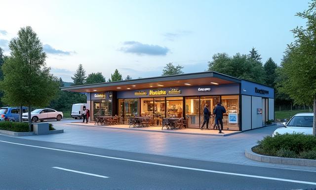 Moderne Raststätte an einer österreichischen Autobahn mit Parkplätzen und Essgelegenheiten