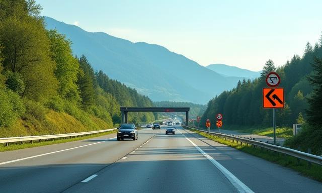 Autobahn mit Mautstation und Hinweisschildern für Straßenbenutzungsgebühren in Österreich
