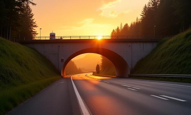 Tunnelportal entlang einer Autobahn in Österreich bei Sonnenuntergang