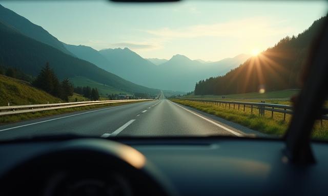 Landschaftsaufnahme einer österreichischen Autobahn im Bergland mit Vignette im Auto